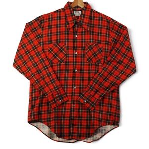 Montgomery Ward Mens Flannel Shirt L Red Plaid 70s Deadstock Workwear Cabincore‎